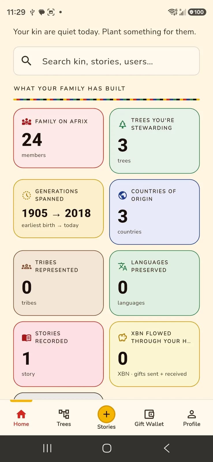 AfriX dashboard — members, generations, stories, and XBN flowed