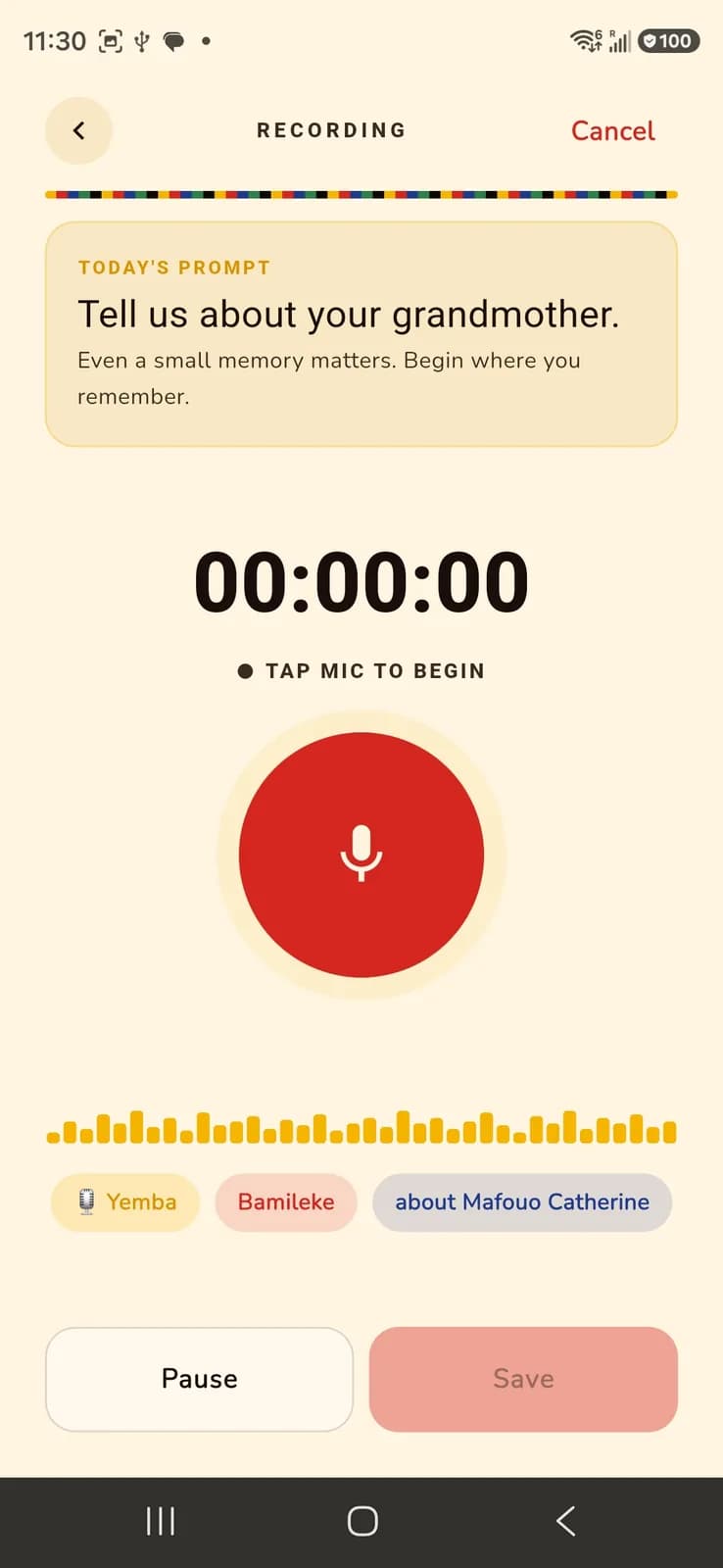 AfriX recording an elder's voice with a guided memory prompt
