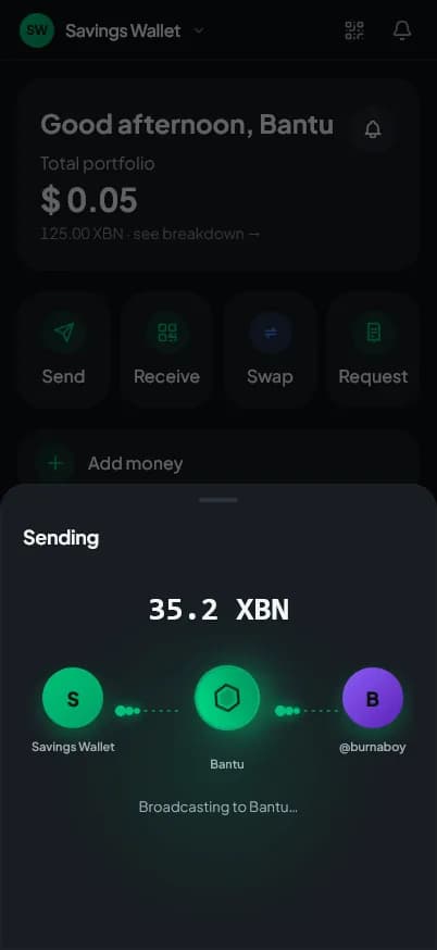 The ECOPay app sending XBN to a contact in seconds