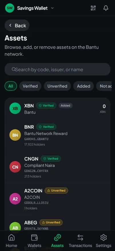 ECOPay assets browser on the Bantu network — verified and unverified