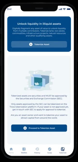A Trovo App screen to tokenize real-world assets, with SEC approval required