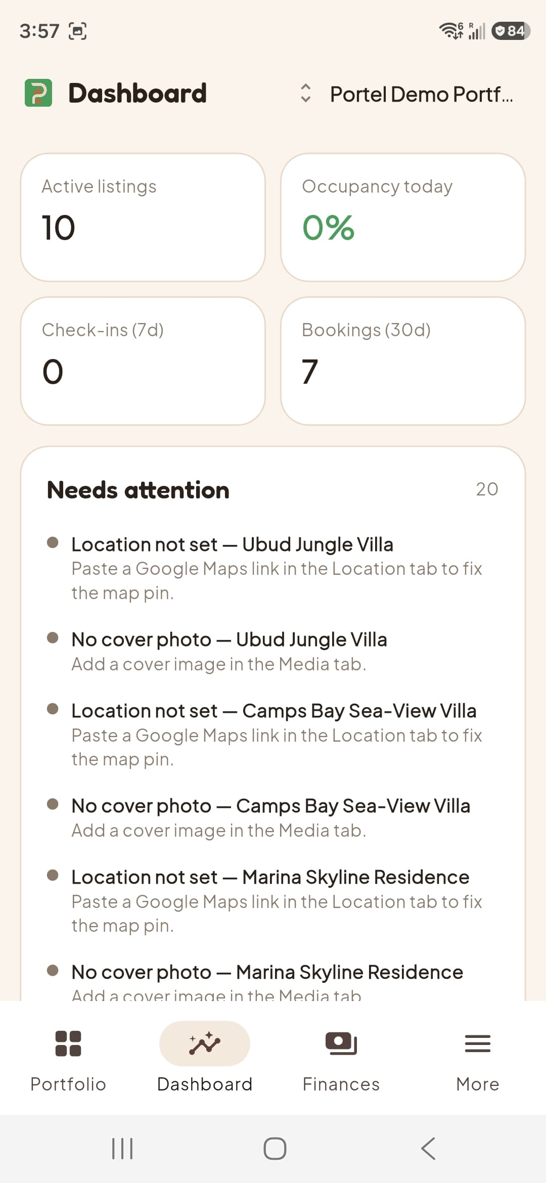 Portel Dashboard — portfolio overview with active listings, occupancy, and bookings